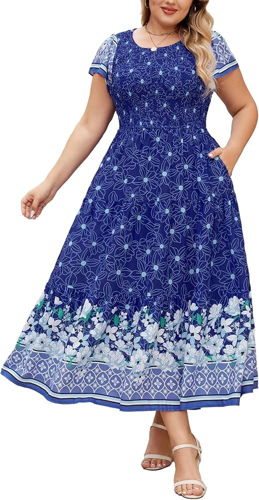 KIMCURVY Women's Plus Size Summer Casual Dress Crew Neck Flutter Short Sleeve Smocked Tiered Maxi... | Amazon (US)
