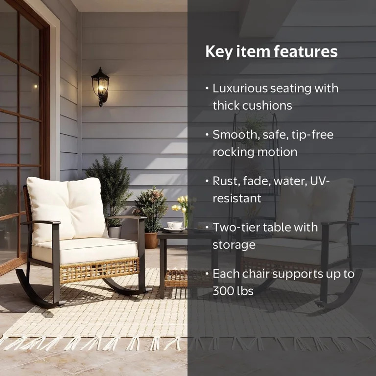 KAMEROUT 3-Piece Patio Conversation Set, PE Wicker Rocking Chairs with Beige Cushions & 2-Tier Co... | Walmart (US)