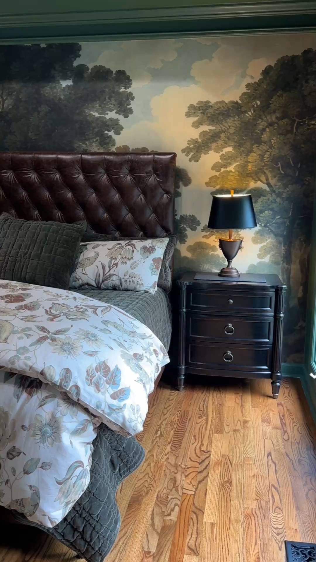 "If cozy English country style and Ralph Lauren-inspired interiors had a baby, it might look a little like this..."
Creating a bedroom that feels collected, cozy, and timeless has been one of my favorite projects in our new home. From the dramatic woodland mural wallpaper and rich leather headboard to the velvet bench at the foot of the bed, every piece adds warmth, texture, and character. And of course, Lily seems to think it's the perfect spot too! 🤎🌿
I've linked the pieces that helped bring this space together, along with similar finds so you can recreate this layered, cozy look in your own home. Tap to shop the details!
#LTKHome #BedroomInspiration #BedroomDecor #MoodyInteriors #TraditionalHome #EnglishCountryStyle #RalphLaurenInspired #CozyHome #HomeDecor #BedroomStyle

#LTKHome