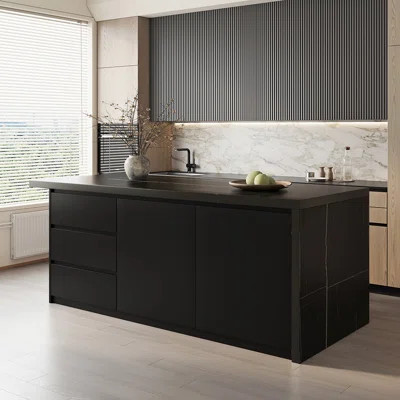 Modern Style Laminate 72" Kitchen Islands With 3 Drawers Black | Wayfair North America