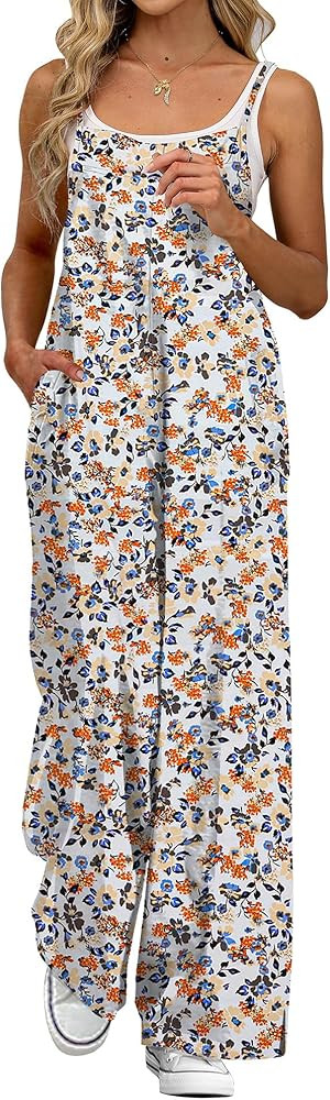 Jumpsuits for Women Summer Wide Leg Overalls Casual Floral Rompers Boho Outfits with Pockets | Amazon (US)