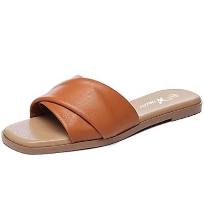 Athlefit Women's Summer Flat Sandals Slip On Square Toe Soft Leather Slide Sandals | Amazon (US)