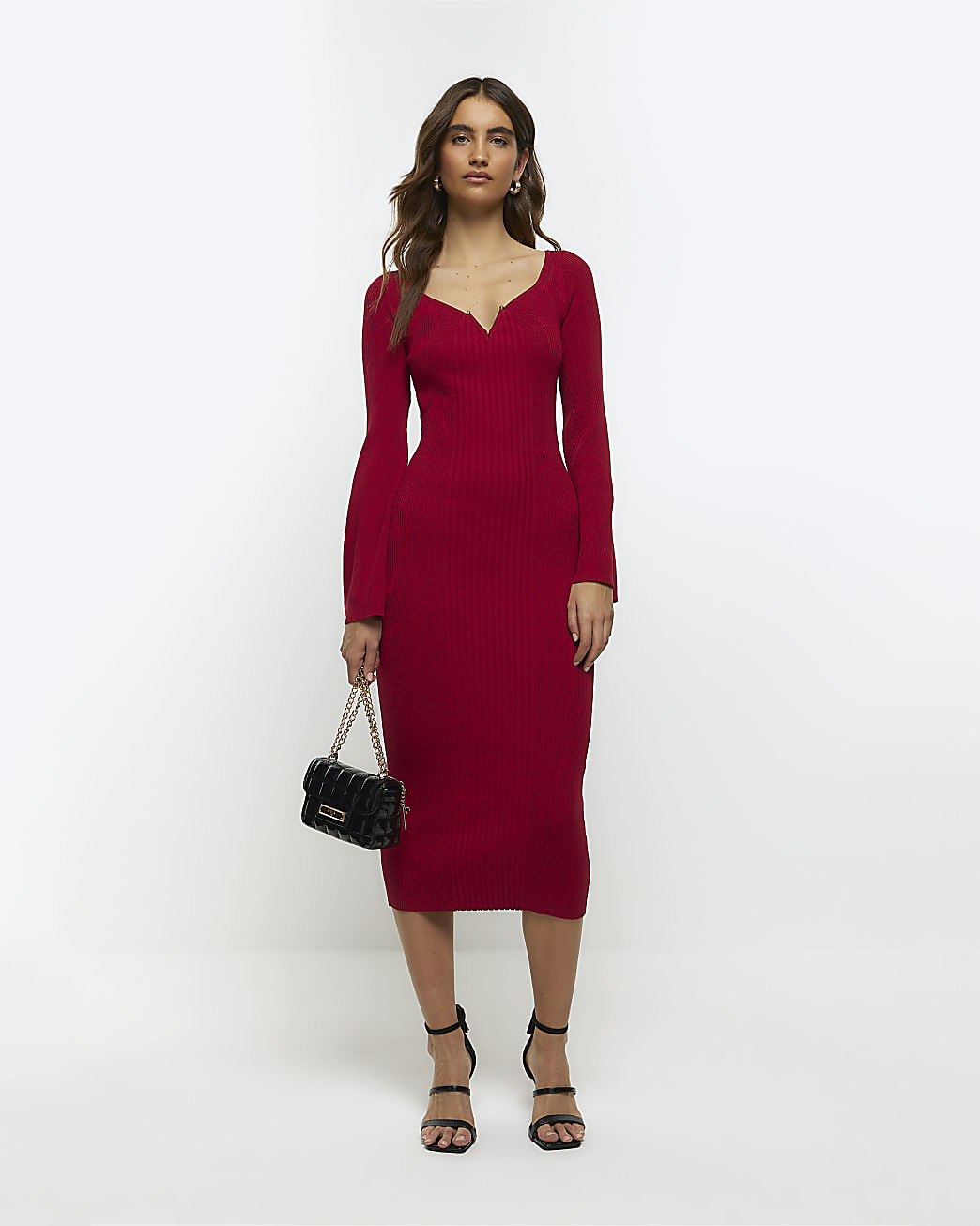 Red rib long sleeve bodycon midi dress | River Island (UK & IE)