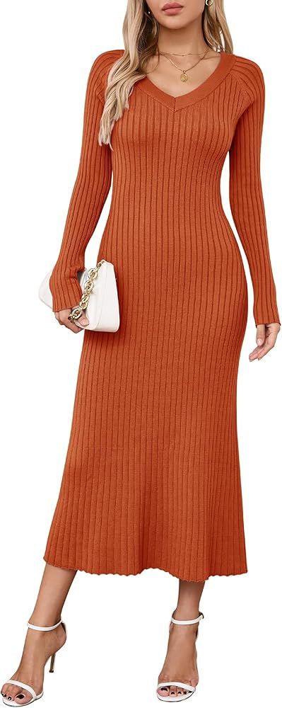 Arach&Cloz 2024 Fall Womens V Neck Long Sleeve Fishtail Sweater Dress Ribbed Knit Slim Fit Bodyco... | Amazon (US)