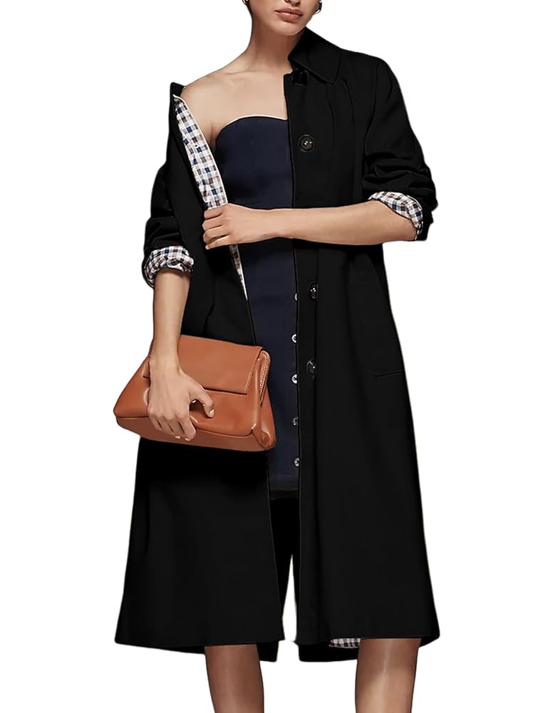 Dqbeng Womens Long Trench Coat Single Breasted Oversized Fall Overcoat with Checkered Lining | Amazon (US)