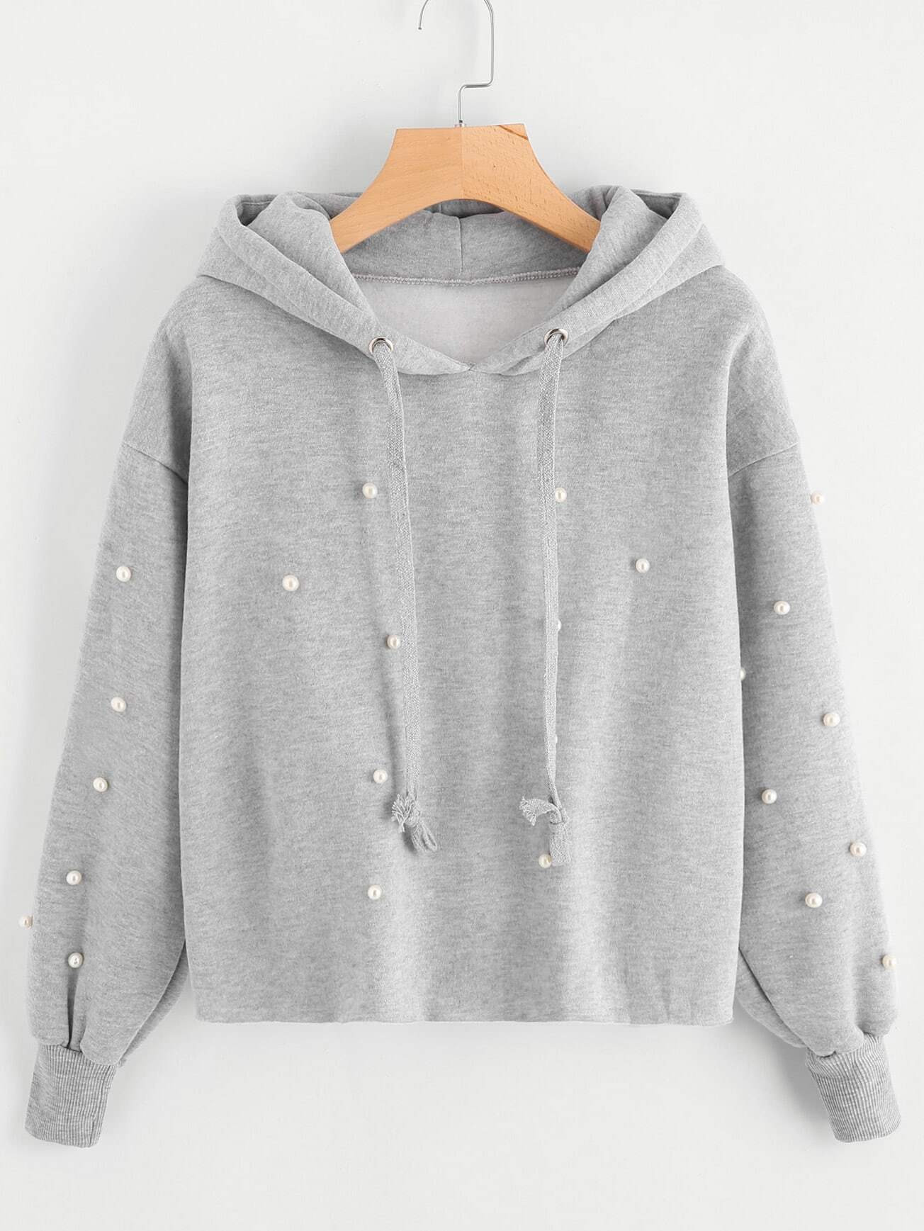 Pearl Beaded Drawstring Hoodie | SHEIN