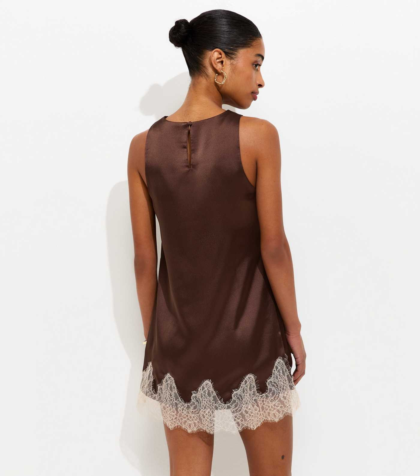 Brown Satin Shift Lace Trim Mini Dress | New Look | New Look (UK)