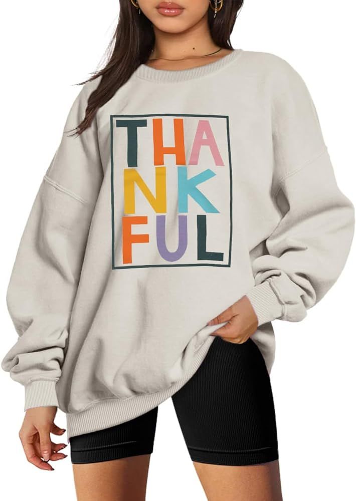 VILOVE Thankful Sweatshirt Women Thanksgiving Day Colorful Letter Print Pullover Crewneck Long Sl... | Amazon (US)