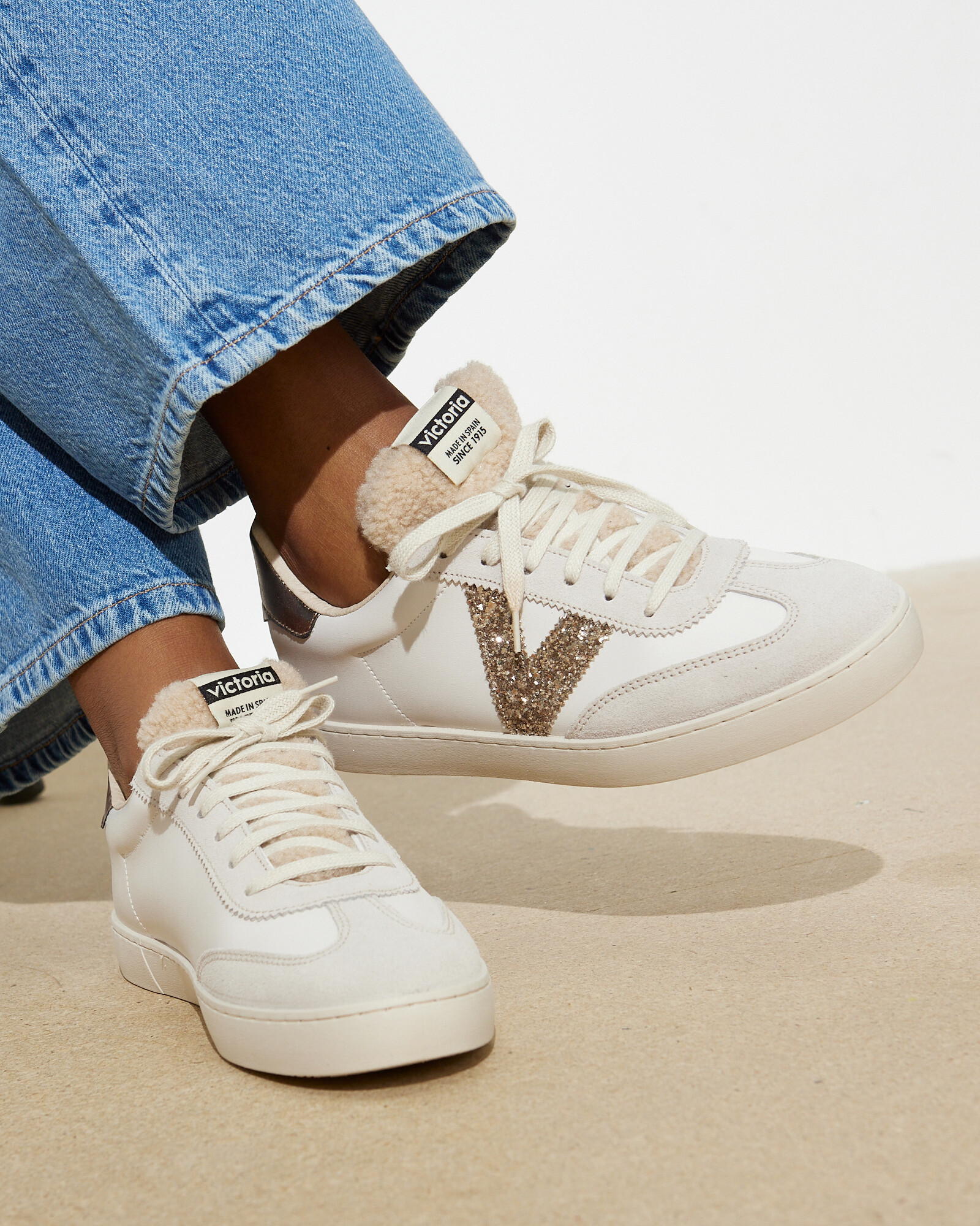 Victoria Berlin Fleece Lined White & Gold Glitter Trainers | Oliver Bonas | Oliver Bonas (Global)