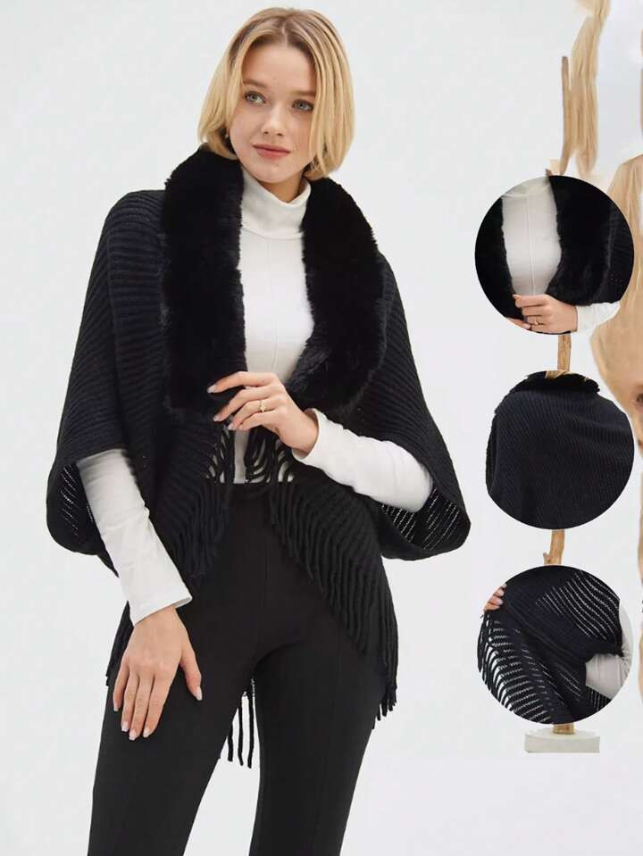 1 PIEZA Chal suave y elegante para mujer, cuello de piel de visón falsa, capa de punto con fleco... | SHEIN