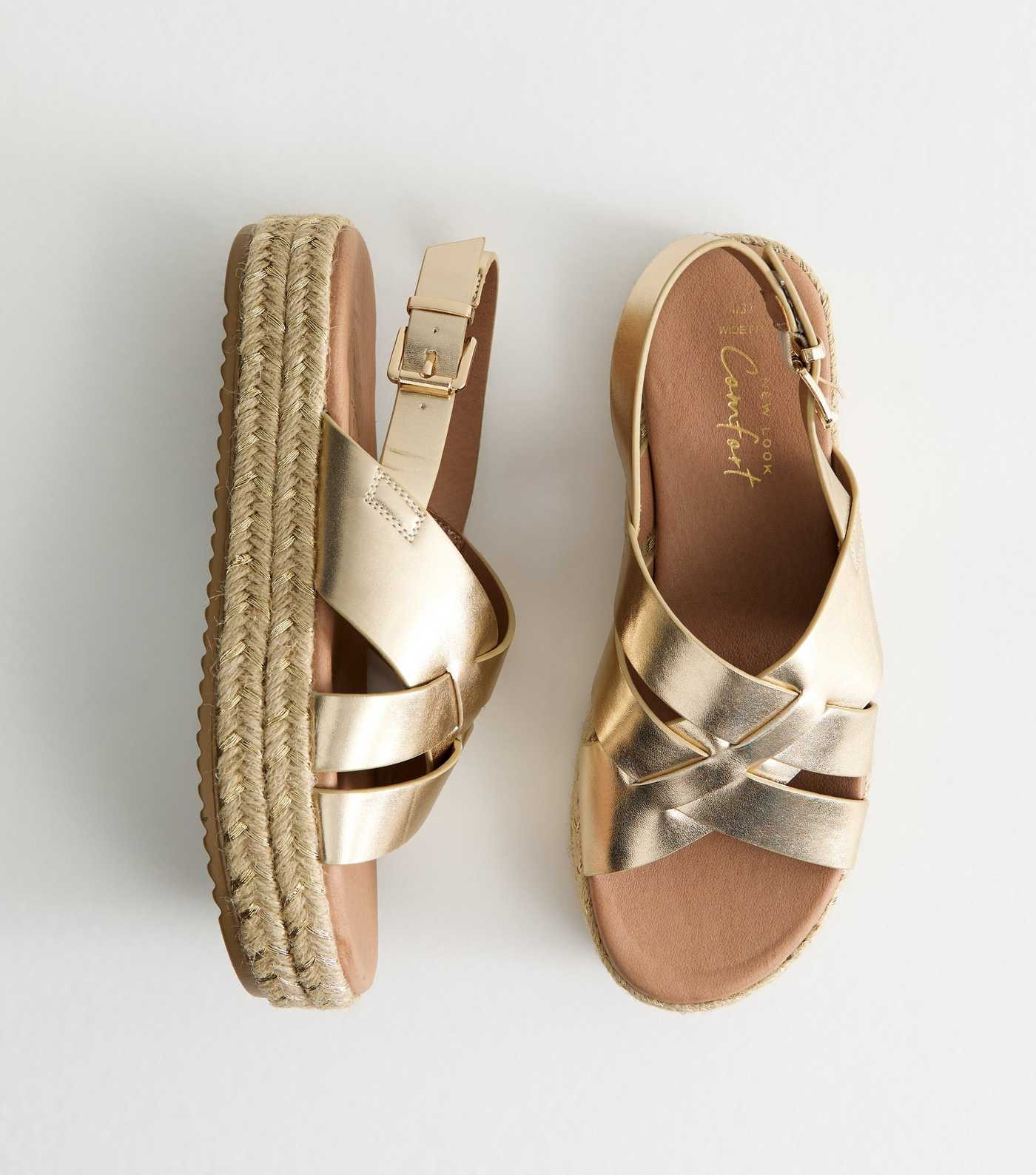 Wide Fit Gold Faux Leather Crossover Strap Platform Sandals | New Look | New Look (UK)