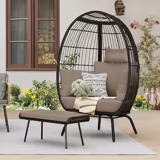 DEXTRUS Black Wicker Outdoor Patio Egg Chair with Footrest and Khaki Cushion HDPB0002751AV - The ... | The Home Depot