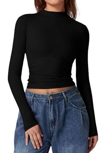 QINSEN Womens Mock Neck Long Sleeve Shirt Double Lined Basic Tees Side Ruched Going Out Crop Tops | Amazon (US)