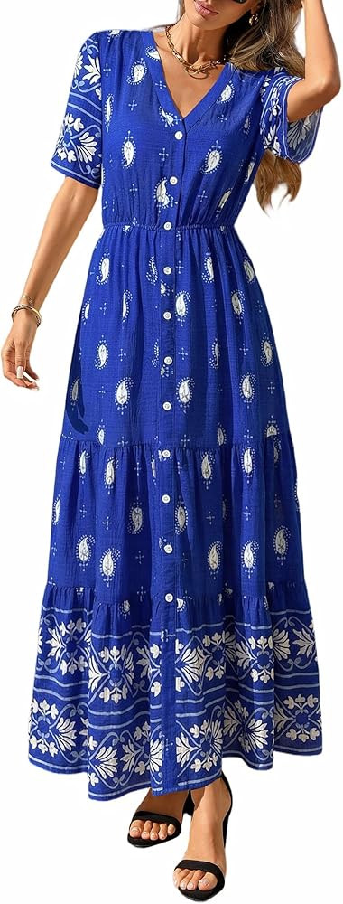 PRETTYGARDEN Womens Summer Boho Maxi Dress 2026 Trendy Short Sleeve V Neck Flowy Beach Floral Dre... | Amazon (US)