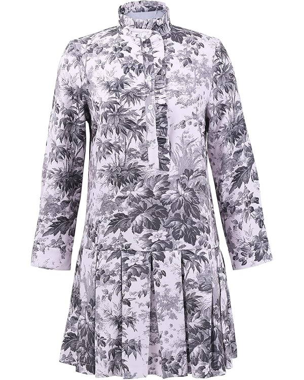 Women Floral Mini Dress Long Sleeve Stand Collar Button Up Elegant Work Swing Short Pleated Dress | Amazon (US)