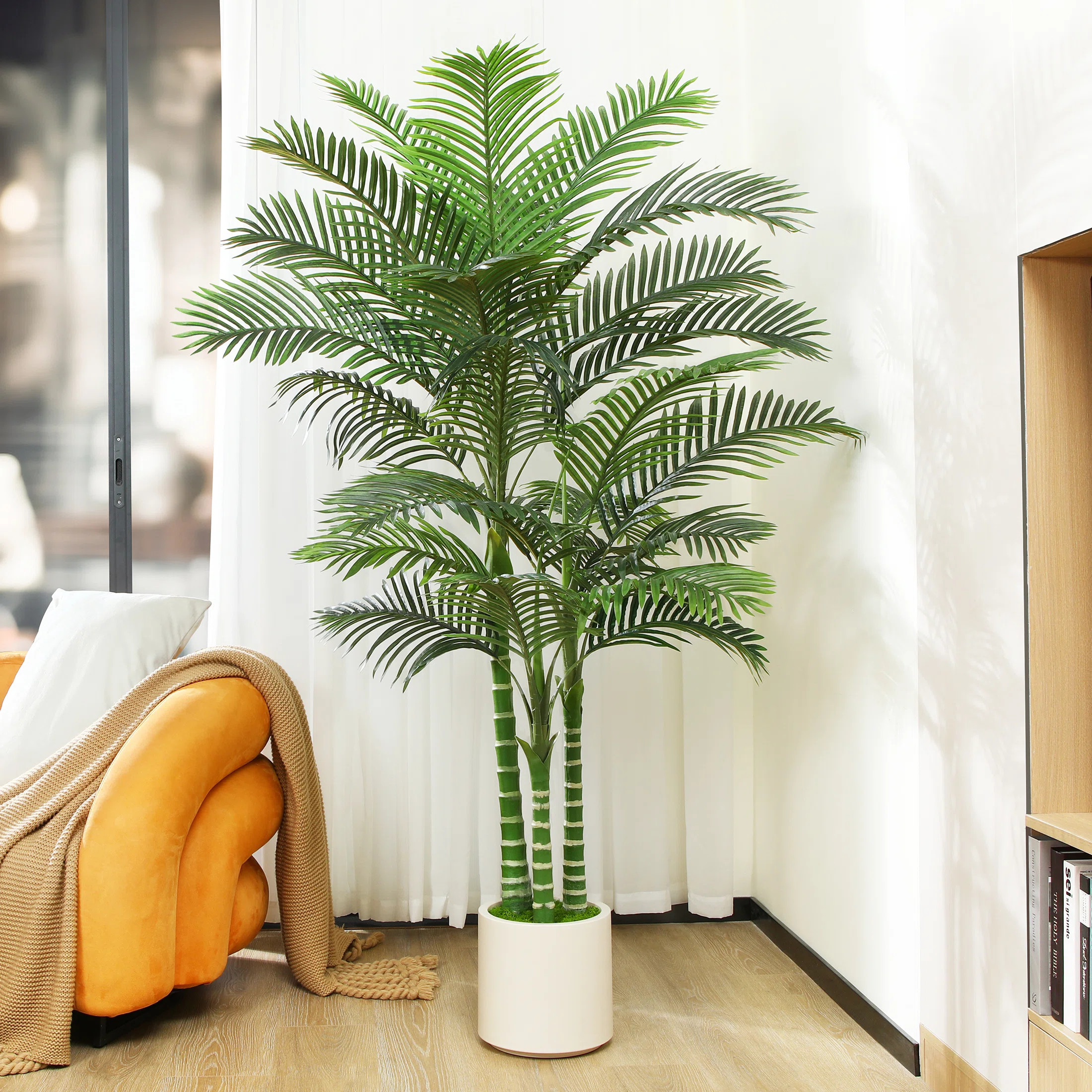 Primrue Adcock Faux Palm Tree in White Planter, Faux Green Palm Plant, Fake Tree for Home Decor &... | Wayfair North America