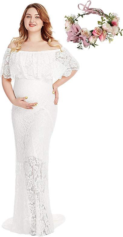 Women's Off Shoulder Short Sleeve Ruffles Lace Maternity Gown Maxi Photography Dress | Amazon (US)