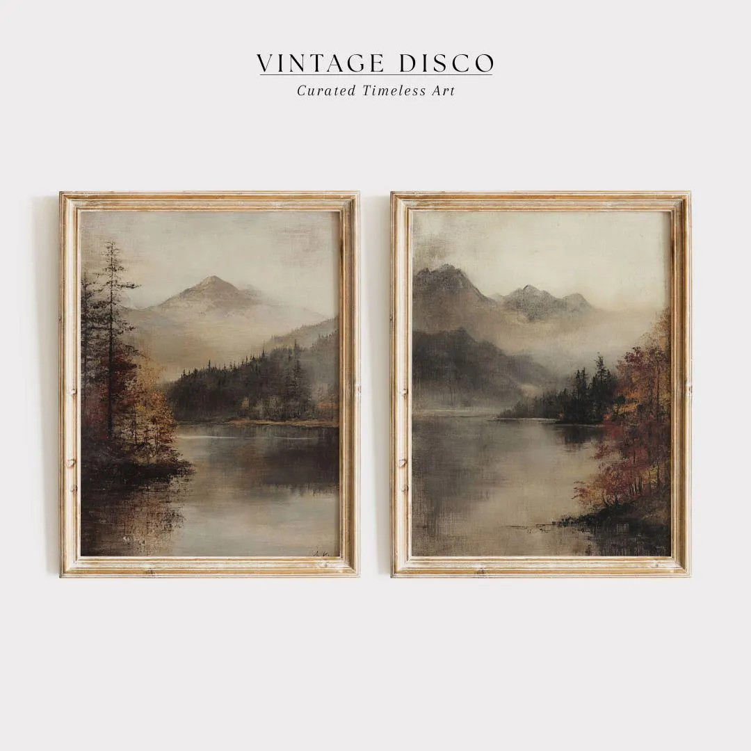 Moody Fall Lake Landscape Set of 2 - Rustic Dark Fall Farmhouse Wall Art, Muted Countryside Autum... | Etsy (US)