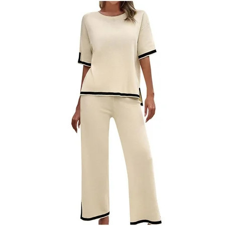 Outfit Sets for Women Short Sleeve Round-Neck Blouses & Shirts Sets Women 2 Piece Outfit Set Short Sleeve Tops Long Pants Homewear Knit Split Suit Outfits for Women Summer Beige m | Walmart (US)