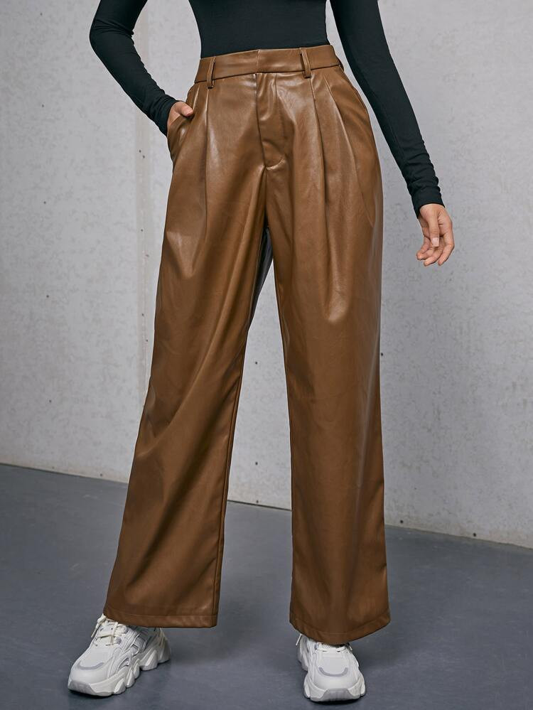 SHEIN Fold Pleated PU Leather Pants | SHEIN