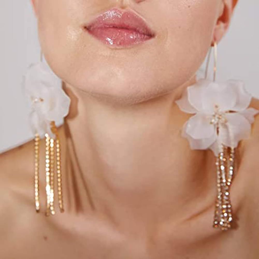 Xerling Boho Flower Petal Dangle Drop Earrings Gold Rhinestone Tassel Chain Fringe Acrylic Resin ... | Amazon (US)