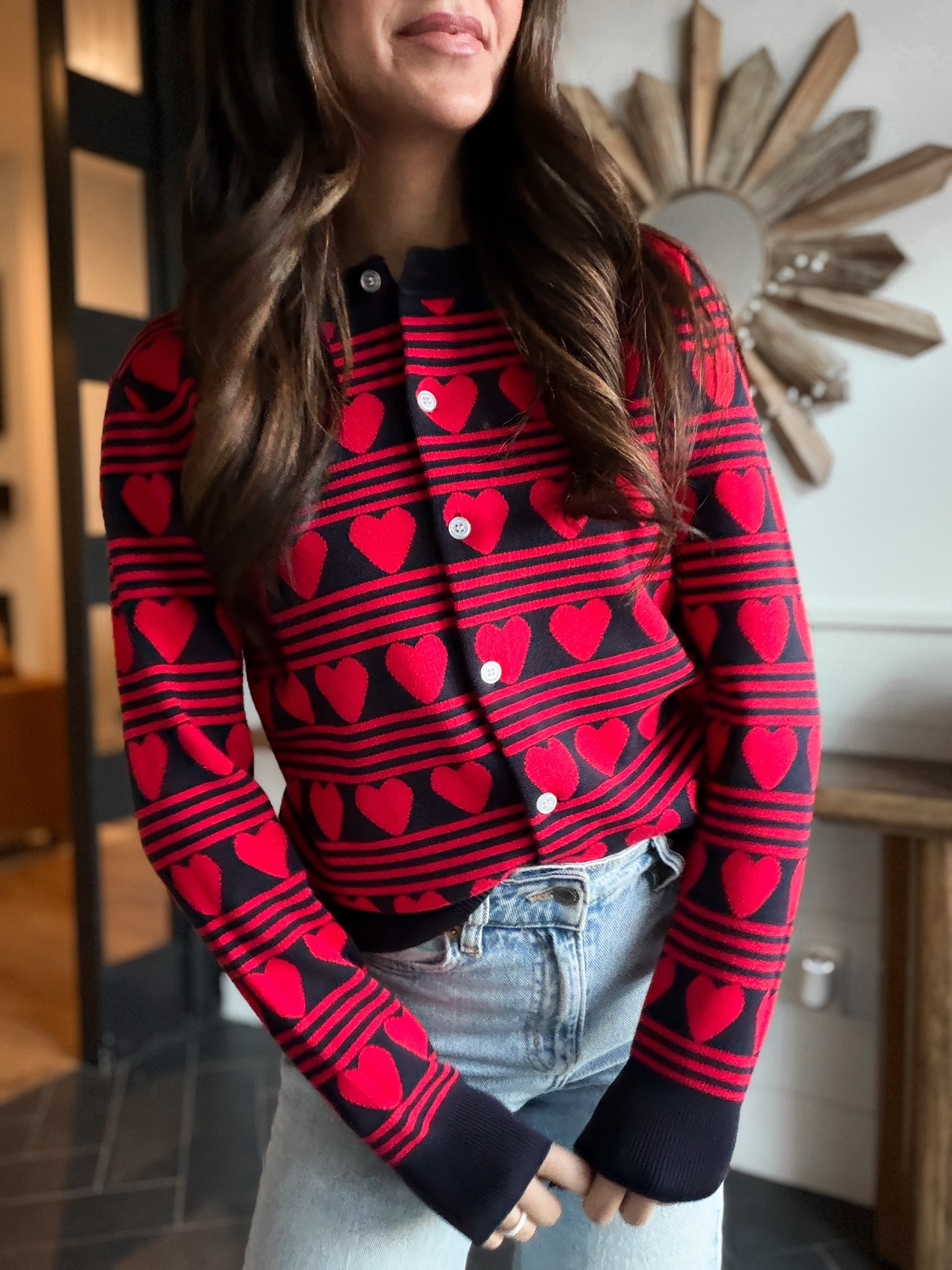 Valentine’s Day heart sweater cardigan, perfect for a work event or school event. Cute teacher outfit or mom Valentine’s Day party. Also comes in a white & navy  

Wearing size XS. 
5,4” 

#LTKWorkwear #LTKmomlife #LTKValentine