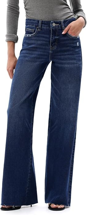 ONESO Women's Wide Leg Jeans Mid Rise High Stretch Denim Pants Raw Hem | Amazon (US)