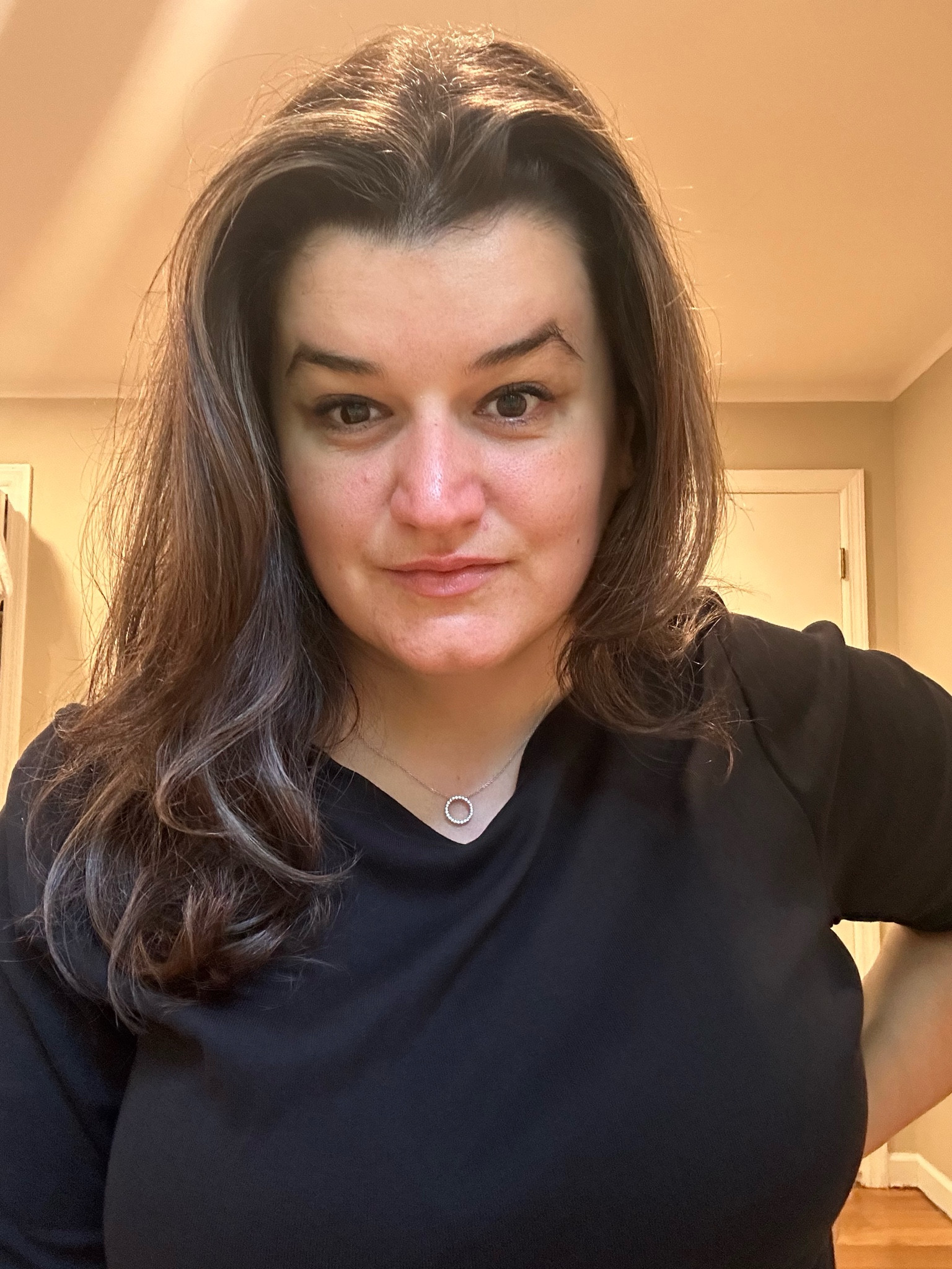 Black short sleeve basic t shirt 
Diamond pendant silver white gold necklace and basic make up 

#LTKMidsize #LTKBeauty #LTKGiftGuide