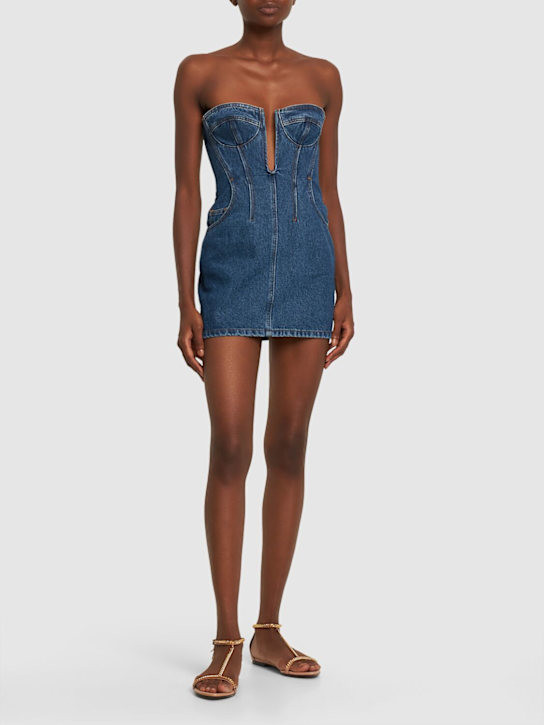 Denim cotton deep v cut neck mini dress | Luisaviaroma
