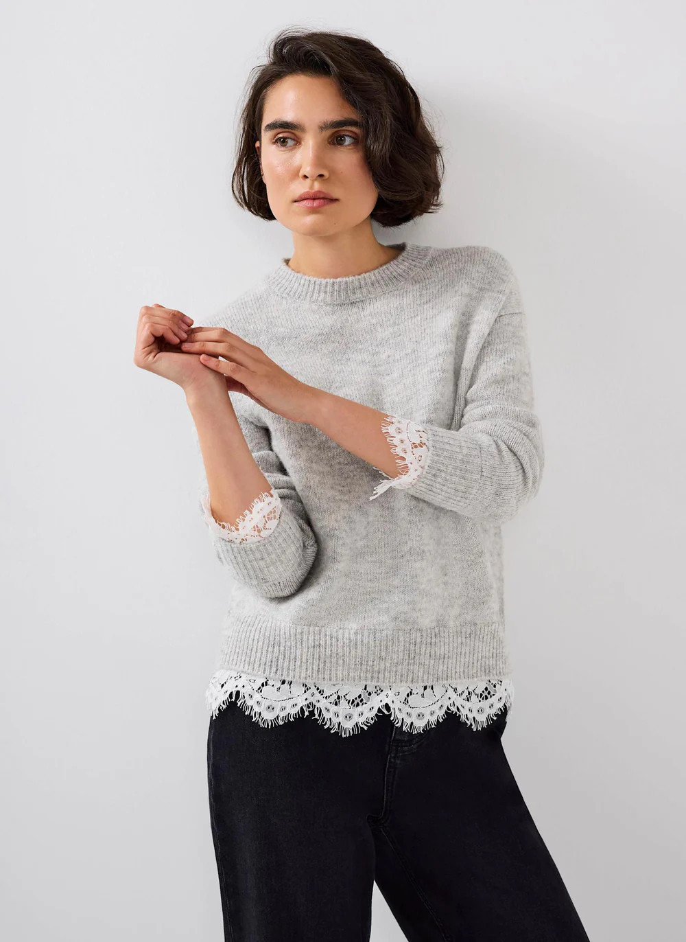 Grey Lace Detail Wool Blend Jumper | Mint Velvet