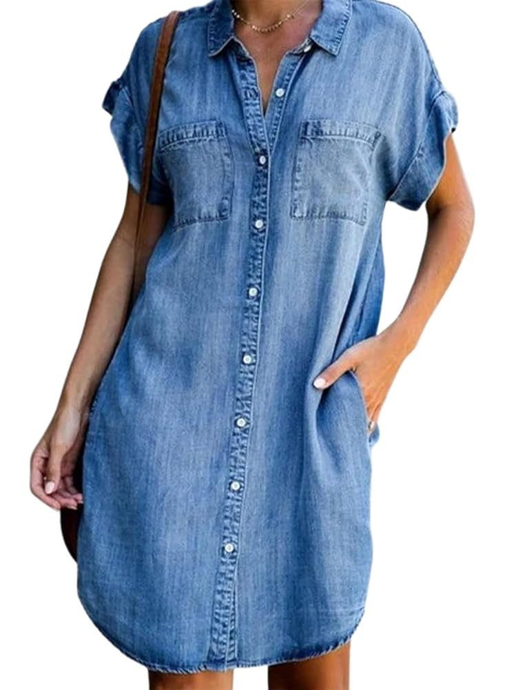 yoeasy Women's Short Sleeve Denim Shirt Mini Dress Button Down Tunic Jean Dress with Pockets | Amazon (US)