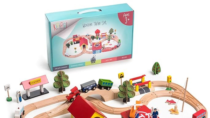 KipiPol Train Set - 69 Pieces Wooden Train Tracks & Trains for Kids, Toddler Boys and Girls 3,4,5... | Amazon (US)