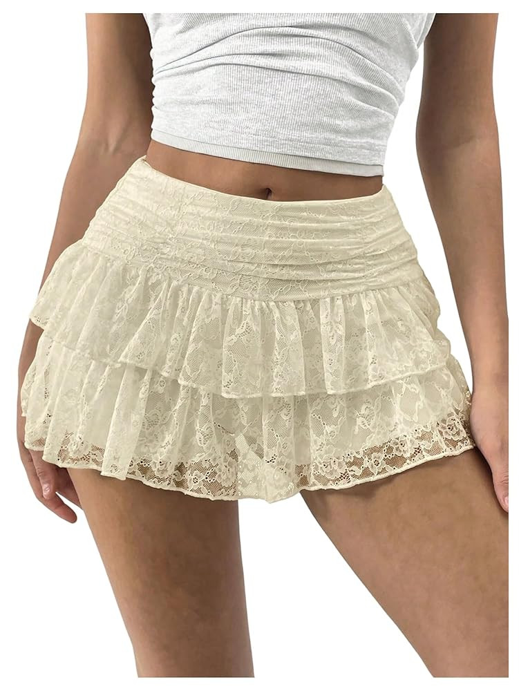SHENHE Women's Y2k Lace Layered Mini Skirt Ruched A Line Cute Tiered Ruffle Skirt | Amazon (US)