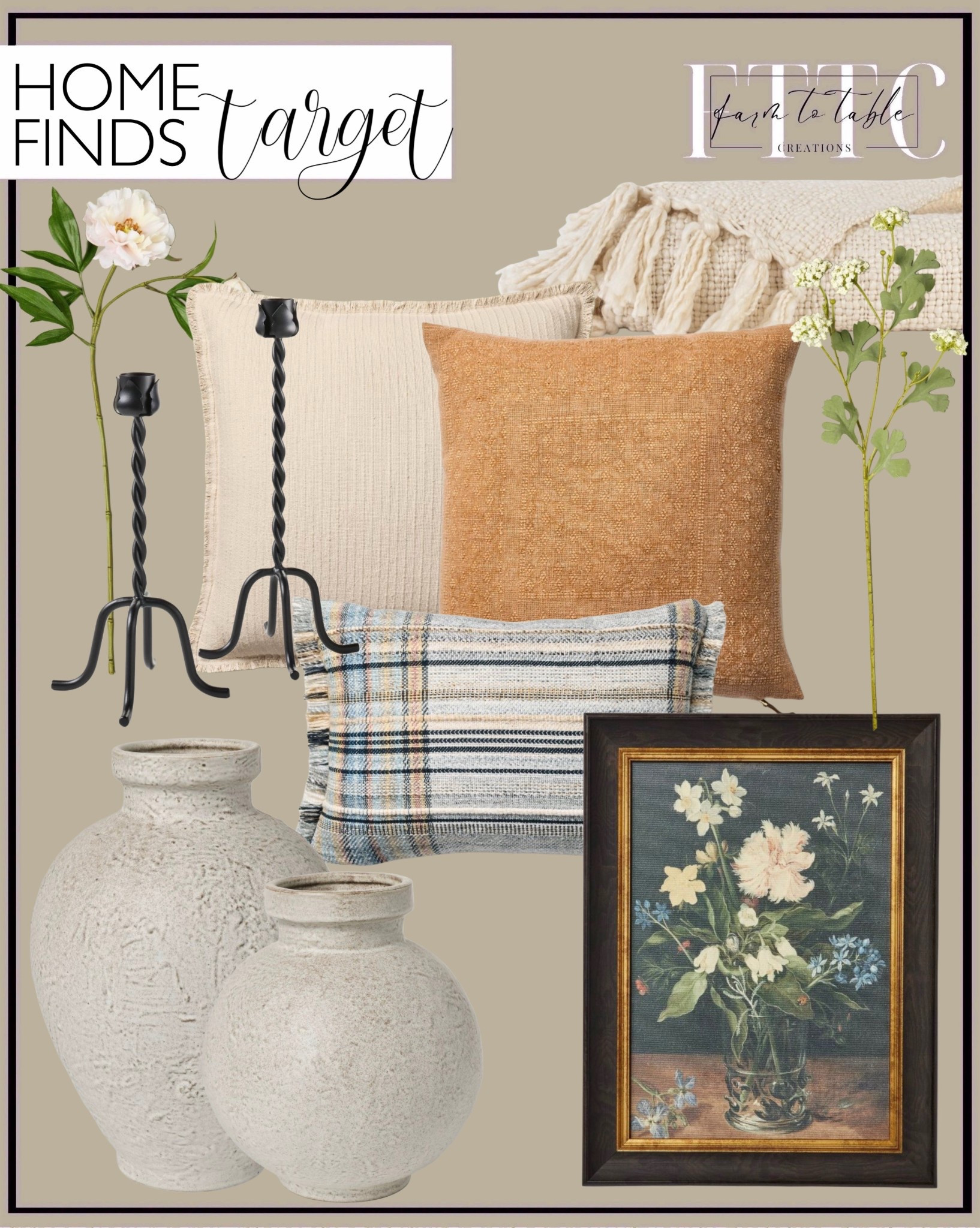Target Home Finds for a Warm, Collected Space
Follow @farmtotablecreations on Instagram for daily home styling inspiration and designer-inspired finds.

These Target home finds are such an easy way to create a cozy, layered look without overthinking it. Soft neutral pillows, textured throws, vintage-inspired artwork, and classic stone vases all work together to give that warm, collected feel that looks styled but still livable. I love mixing simple textures like woven linens, subtle patterns, and timeless accessories for spaces that feel calm, inviting, and pulled together.

#pillows #throwpillows #homefinds #targethome #homedecor #neutraldecor #livingroomdecor #entrywaydecor #cozyhome #homeinspo

#LTKHome #LTKFindsUnder50