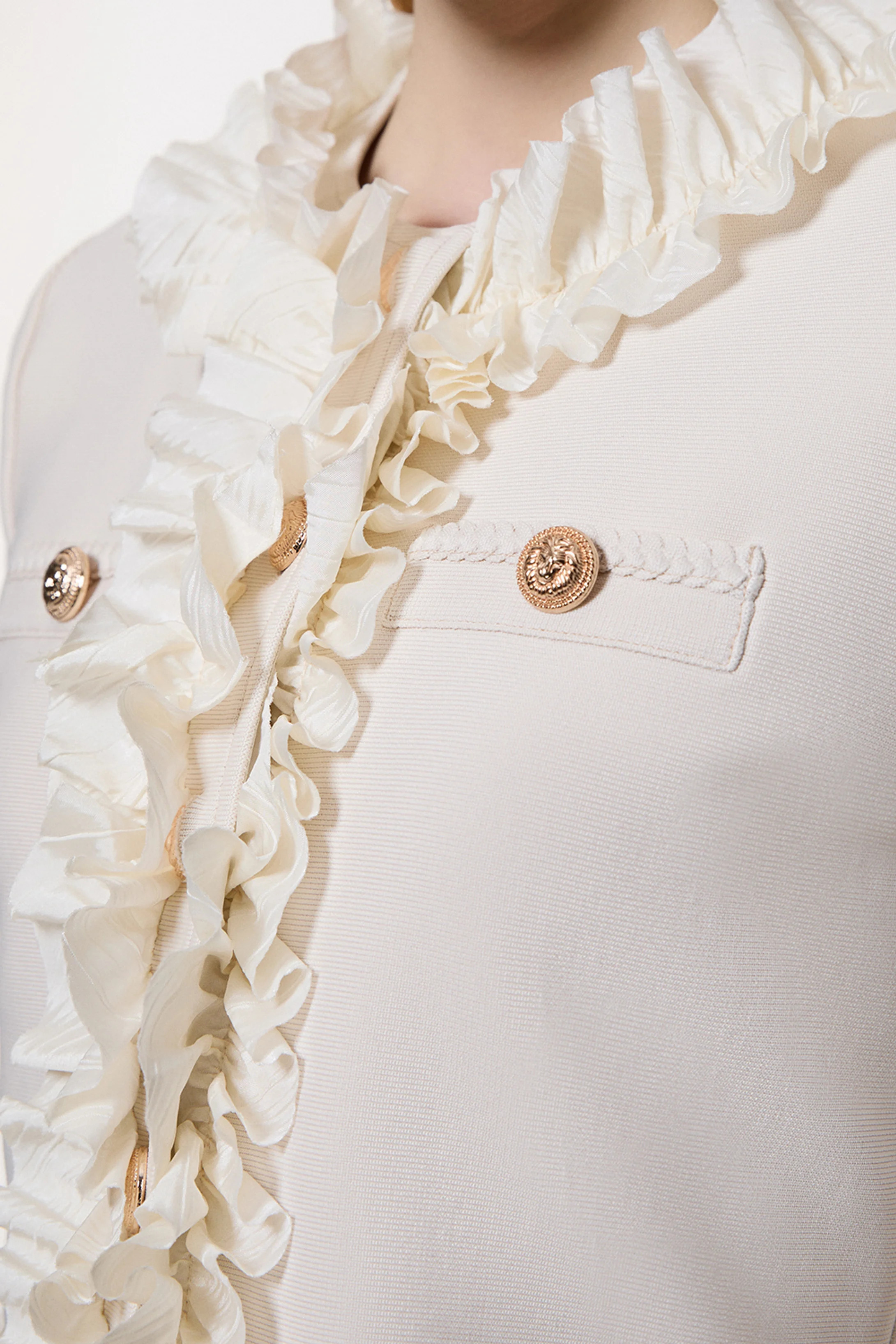 Tall Figure Form Bandage Knit Jacket With Woven Ruffle Trim | Karen Millen UK + IE + DE + NL