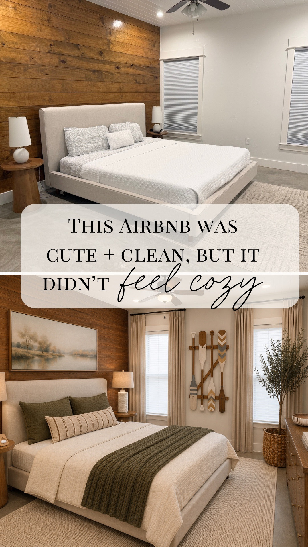 Airbnb bedroom refresh ideas for a warmer, cozier guest room 🤍

After staying in a cute but very sparse Airbnb bedroom in the Texas Hill Country, I realized how much small details can change the guest experience.

This lake house bedroom didn’t need a full makeover, but a few thoughtful updates would make it feel so much more comfortable and inviting: layered bedding, better pillows, more substantial bedside lamps, a properly scaled rug for a king bed, a dresser for storage, lake-inspired wall art, and nightstands with charging ports.

Linking the pieces I used for this cozy Airbnb bedroom redesign, plus similar guest bedroom decor finds that add warmth, texture, storage, and that more elevated lake house feel.

#LTKHome #LTKTravel