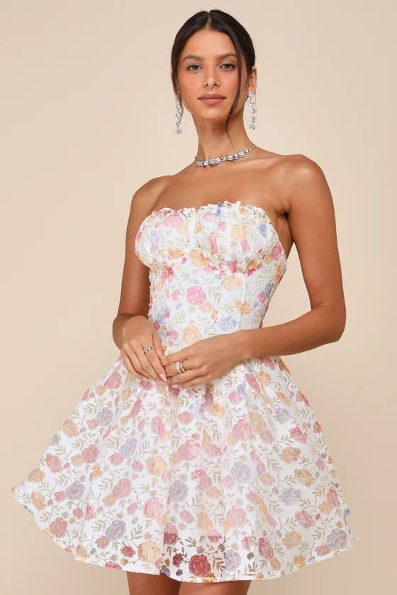 White Burnout Floral Strapless Mini Dress | Floral Mini Dress | White Floral Dress | Lulus