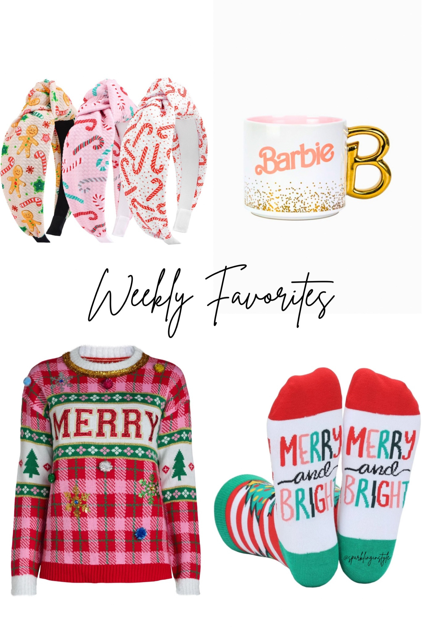 Weekly favorites, Christmas headbands, Barbie mug, merry Christmas sweater, Christmas socks #christmas #headbands #accessories #barbie #barbiegifts #christmassocks #uglychristmassweater #merrysweater #giftguide #giftideas #christmasaccessories #holidayoutfit #christmasoutfit 

#LTKFindsUnder50 #LTKHoliday #LTKGiftGuide