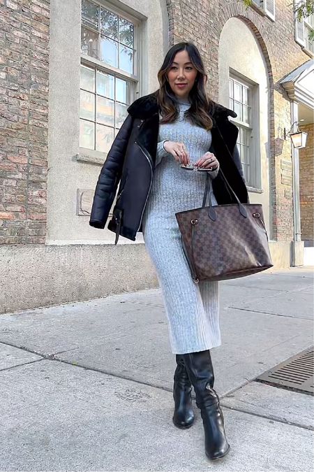 Winter workwear outfit with Maxi sweater dress, and shearling jacket for a chick stylish look. Accessorized  with knee-high brown boots, and Louis Vuitton neverfull tote. Pregnancy outfit at 18 weeks! 

#LTKstyletip #LTKworkwear #LTKbump