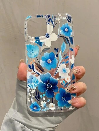 Floral 1pc Blue Flower Pattern Personality Airbag Transparent TPU Phone Case, Compatible With IPh... | SHEIN