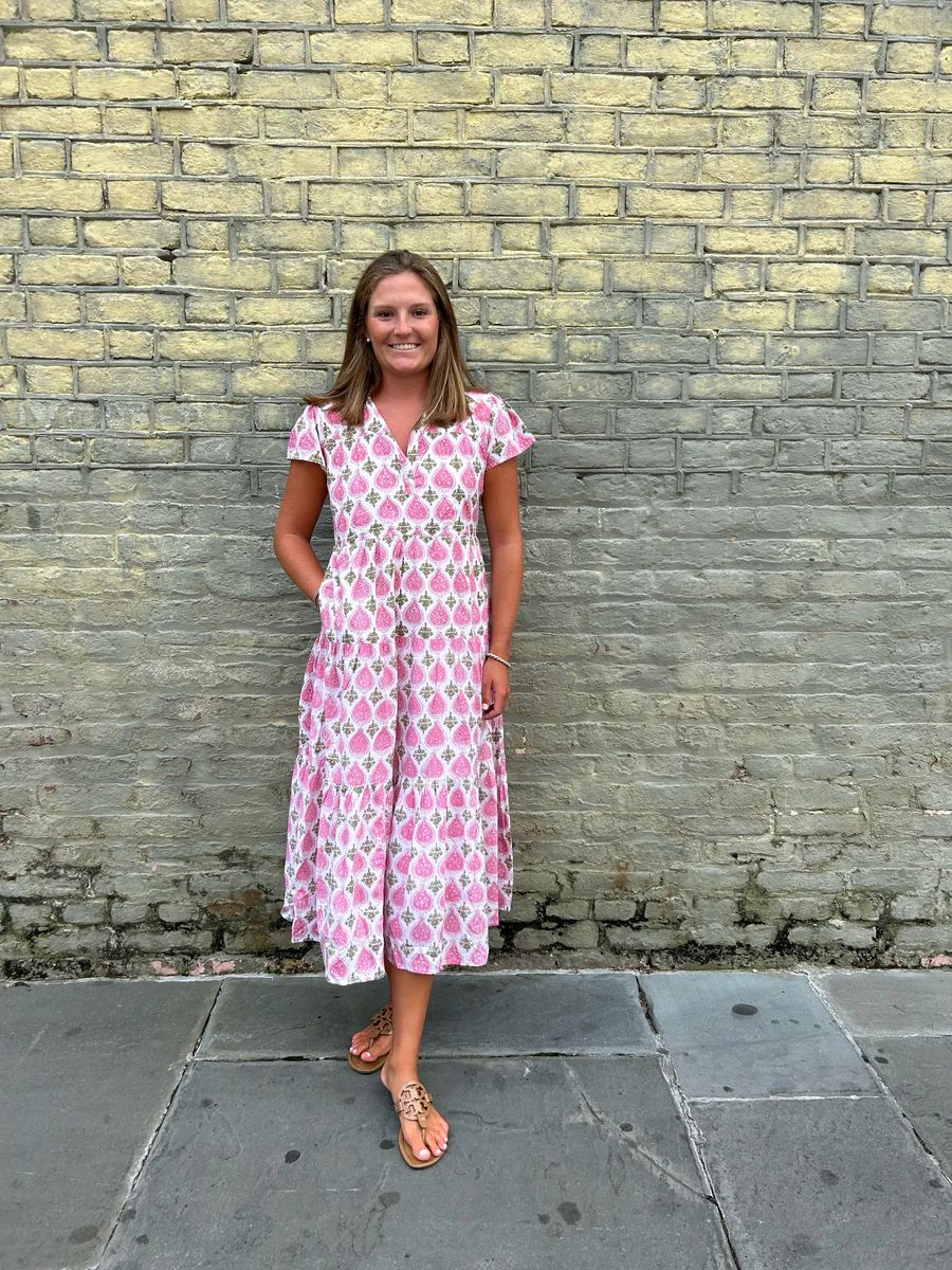 Folly Midi Dress Short Sleeve Pink and Green Paisley | Madison Mathews
