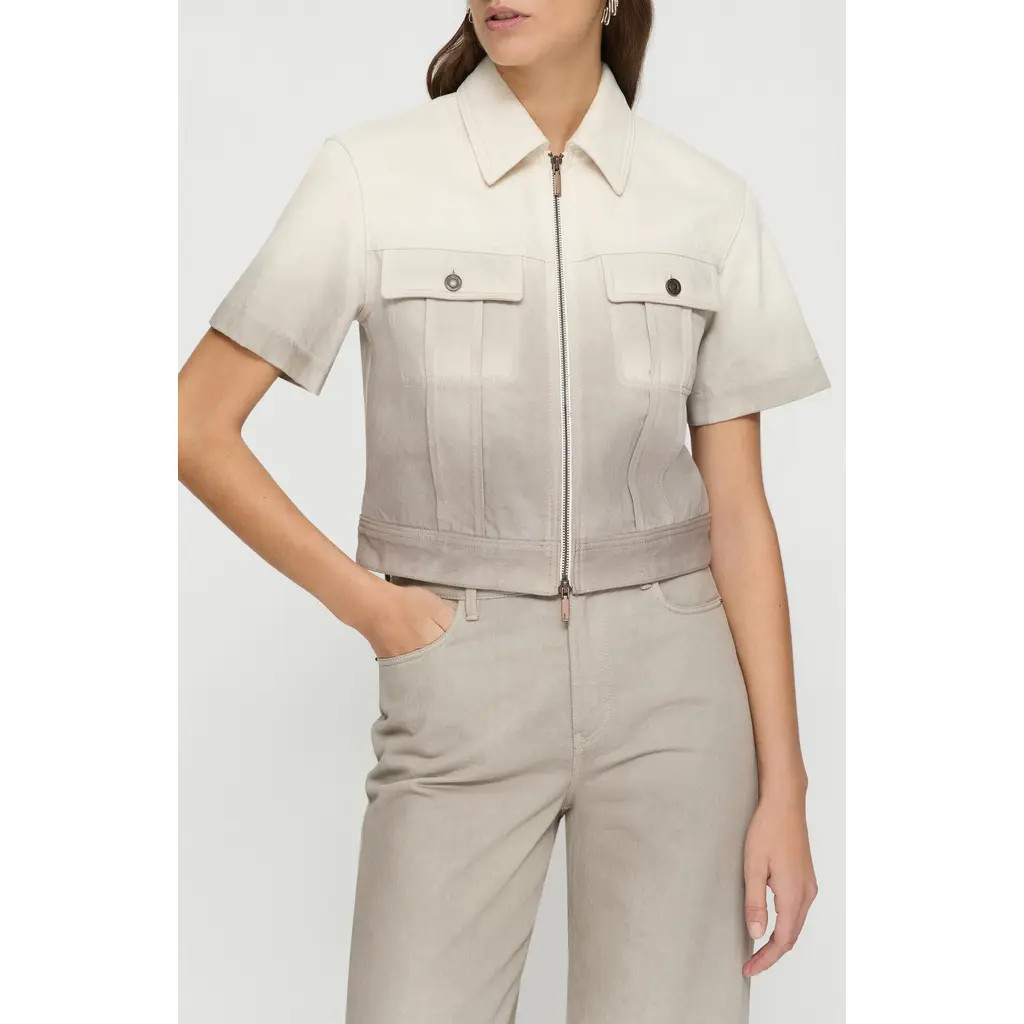 Lafayette 148 New York Hand Dip Dye Short Sleeve Zip Denim Jacket in Hickory Multi at Nordstrom, Size Xx-Small | Nordstrom