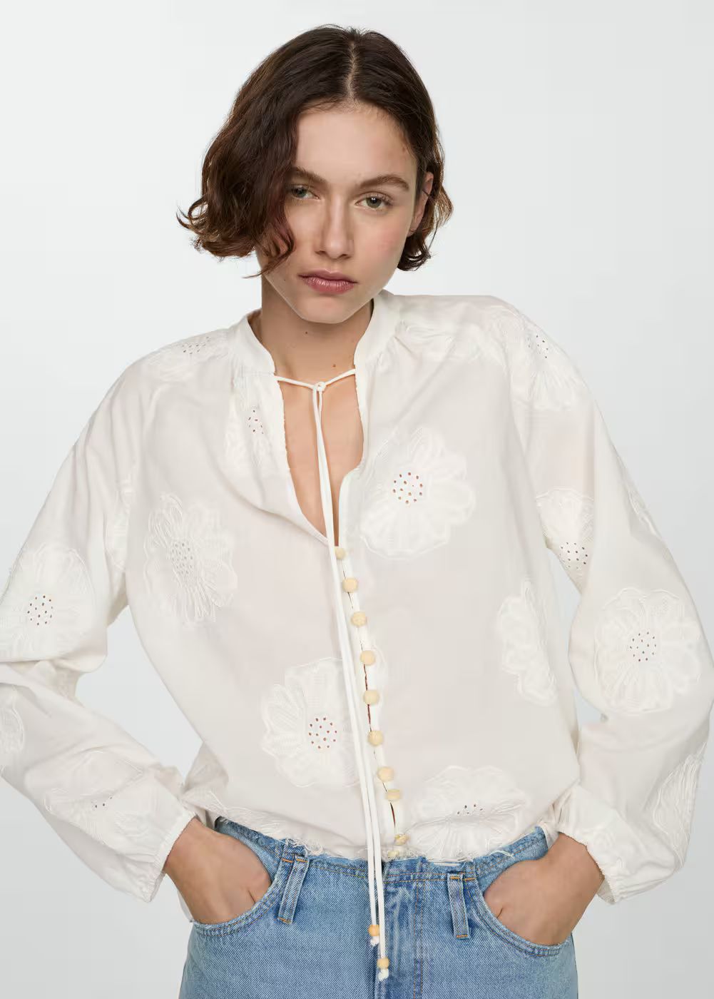 Floral embroidered blouse with bow -  Women | Mango USA | MANGO (US)