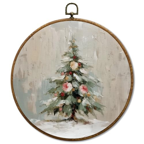 JUIOEIU Vintage Christmas Tree Round Wall Decor, Winter Primitive Christmas Tree Framed Canvas Prints, Retro Winter Holiday Wall Art Hanging Decorations for Home Bedroom Living Room Decor, 10x10in | Amazon (US)
