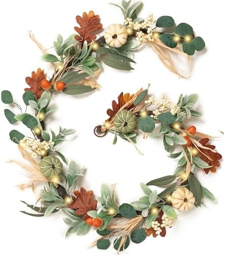 Valery Madelyn Fall Garland for Mantle, 6ft Lambs Ear Leaves Garland with Lights White Pumpkins T... | Amazon (US)