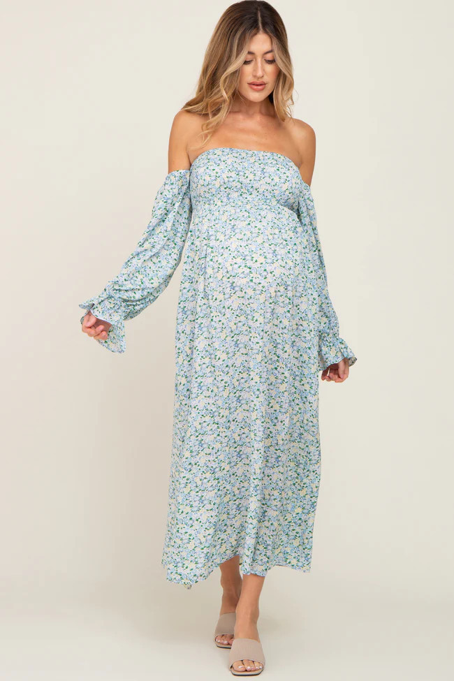 Light Blue Floral Off Shoulder Long Sleeve Maternity Maxi Dress | PinkBlush Maternity