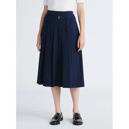 Free Assembly Women's Belted Pleated Pinstripe Midi Skirt, Sizes 0-16 | Walmart (US)