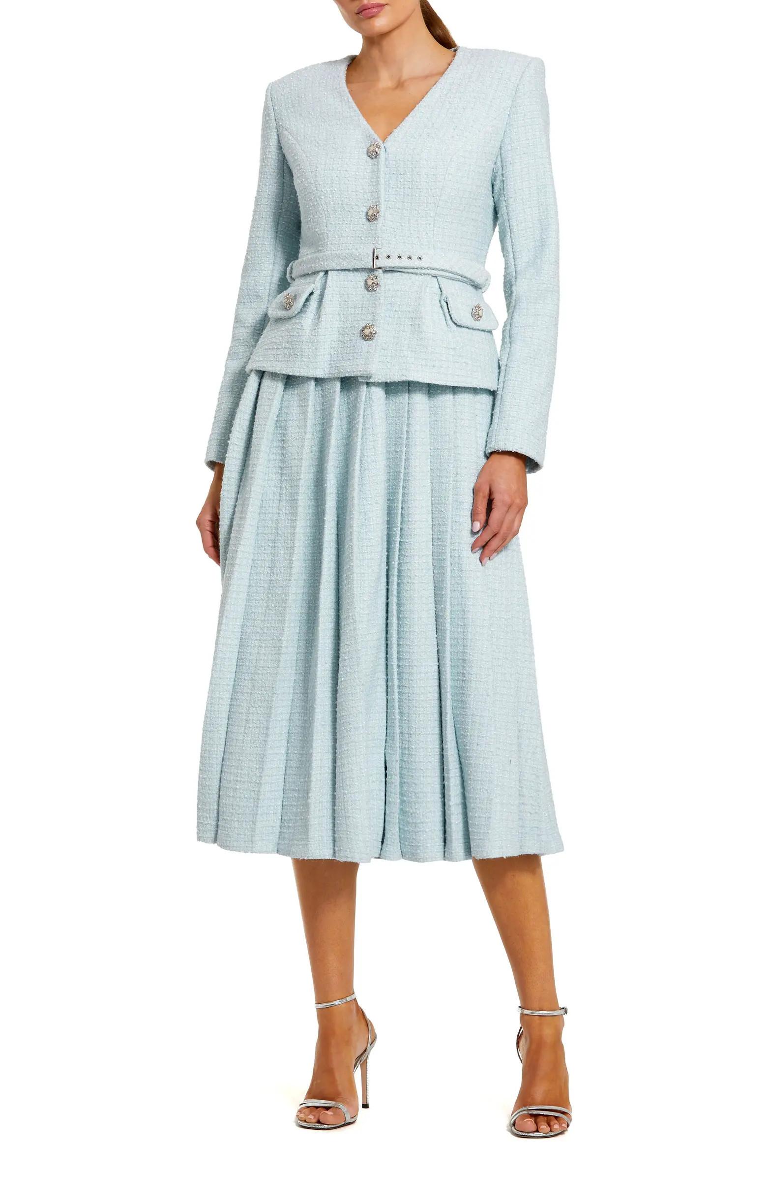 Long Sleeve Bouclé Midi Dress with V-Neck and Decorative Buttons | Nordstrom