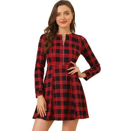 Unique Bargains Women s Plaid Vintage Zip up Long Sleeve Fit and Flare Mini Dress L Red | Walmart (US)