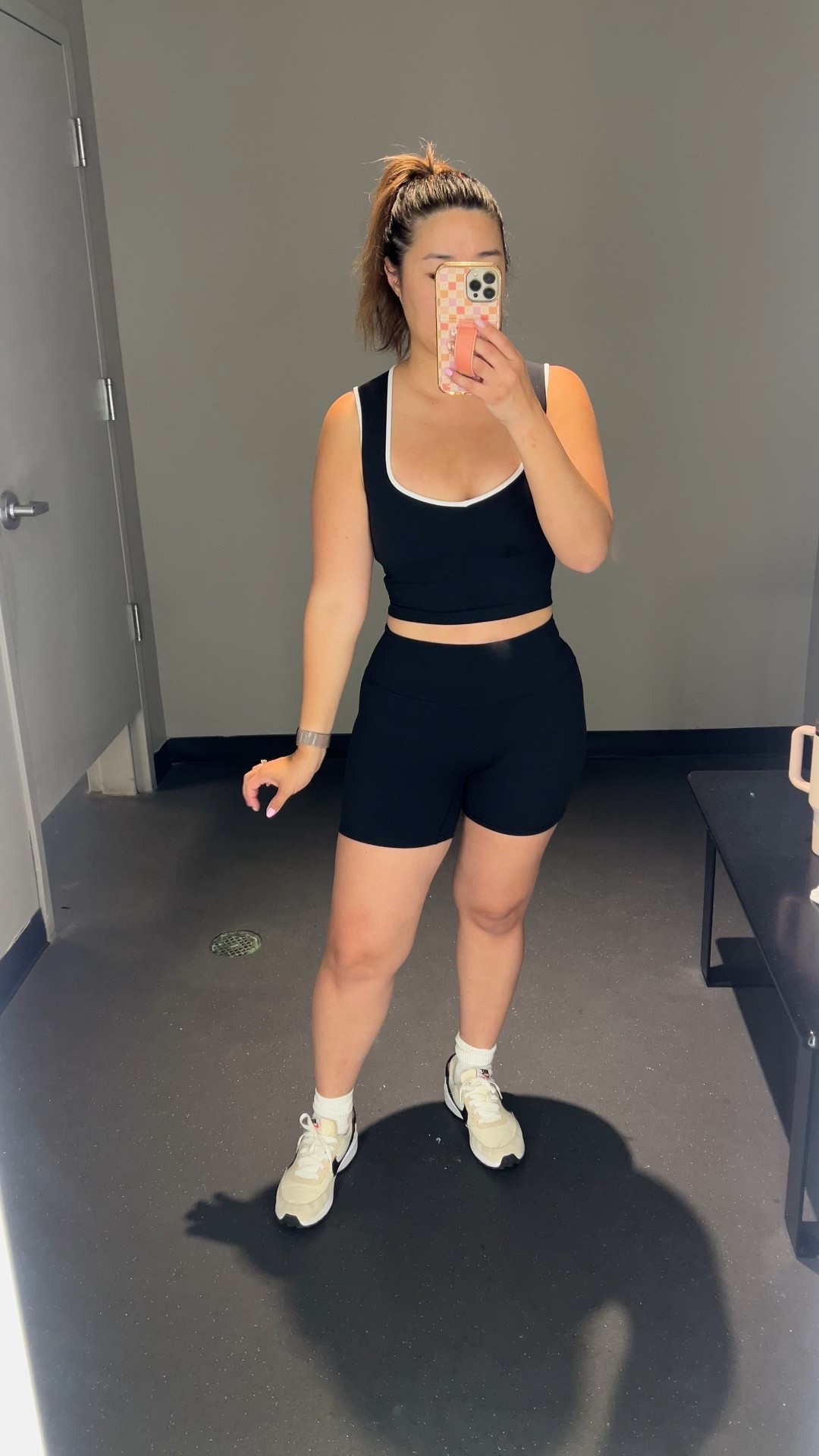 Abercrombie Workout outfit for Upbeat Barre class. 
Tank: Medium
Biker Shorts: Medium
Also wearing Cakes nipple covers